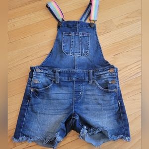 Justice denim short overalls with rainbow straps
